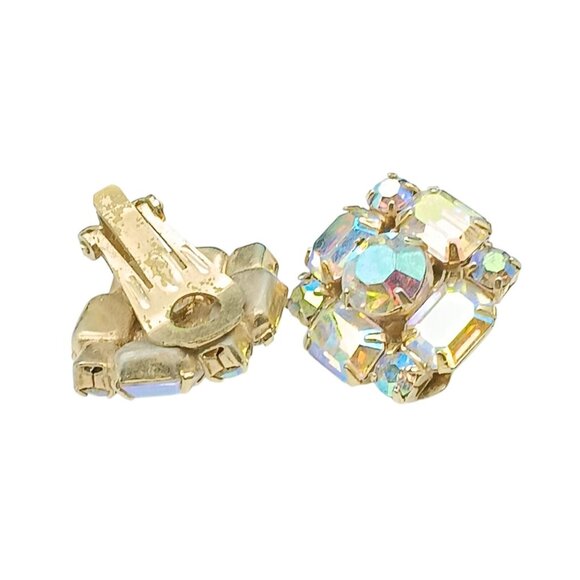 Vintage Aurora Borealis Rhinestone Gold-Tone Clip-On Earrings - Picture 5 of 5